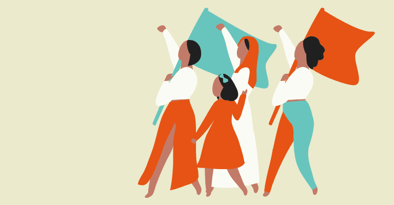 Illustration of women and girls marching together with flags - International Women's Day