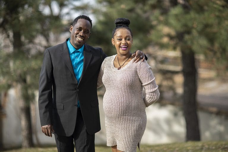 Kasahun, Medical Career Advancement client at International Institute of Minnesota, poses with his wife Nardos