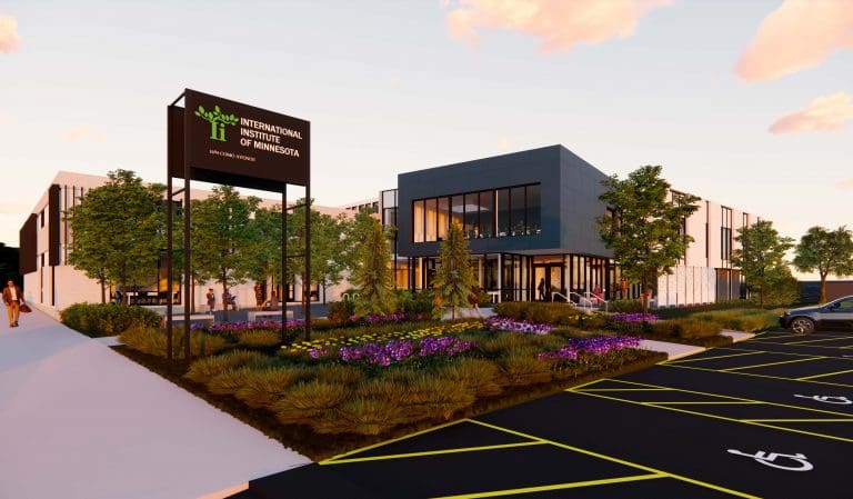 An artistic rendering of the future building.