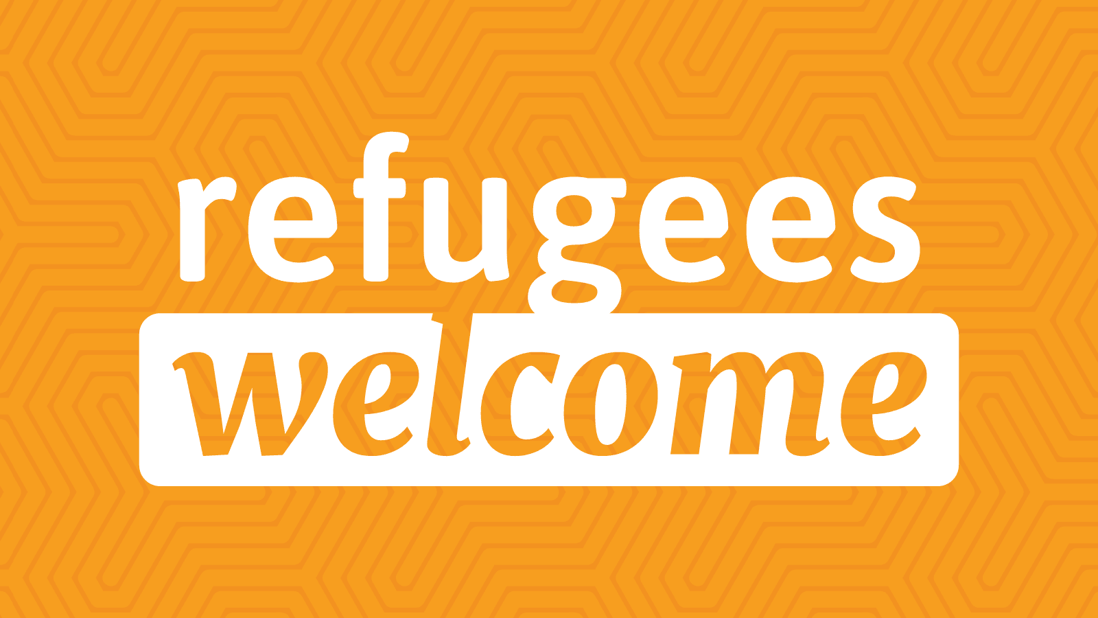 White text that reads "refugees welcome" on an orange background