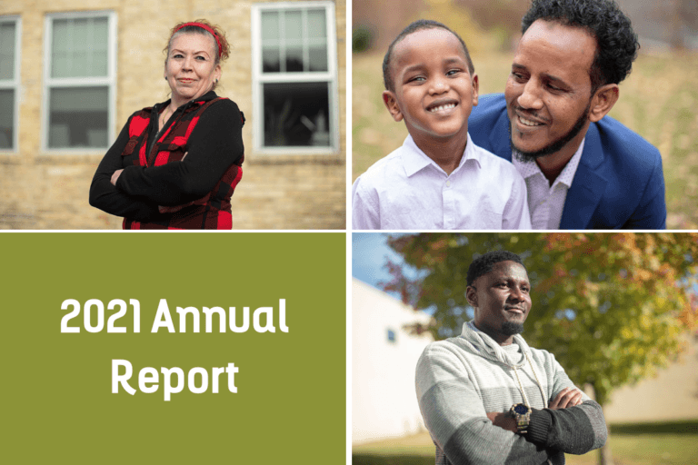 Four New Americans featured in the Institute's 2021 Annual Report are shown, along with a green box with white text that reads, "2021 Annual Report."
