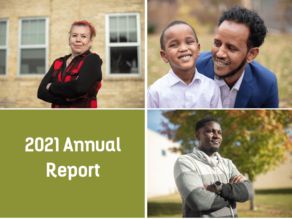 Four New Americans featured in the Institute's 2021 Annual Report are shown, along with a green box with white text that reads, "2021 Annual Report."