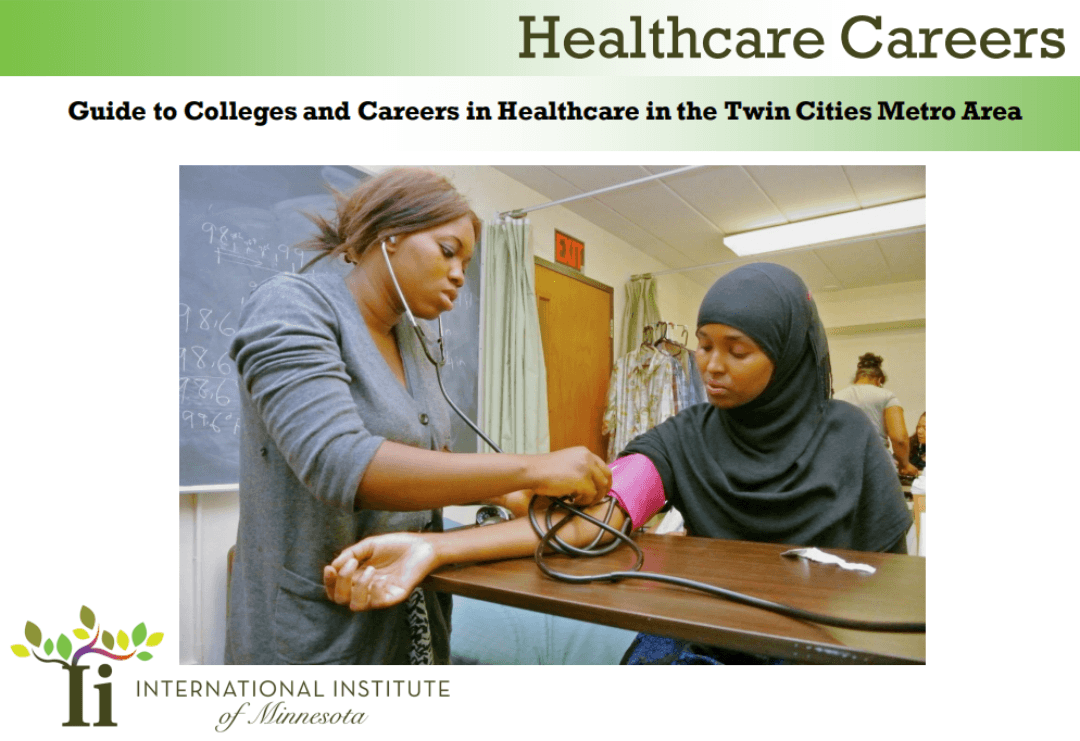 Two nursing assistant training students in class on the cover of the healthcare careers guide.
