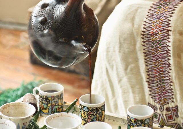 Close up of Ethiopian coffee pouring into cups