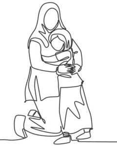 line drawing of a mother and daughter hugging