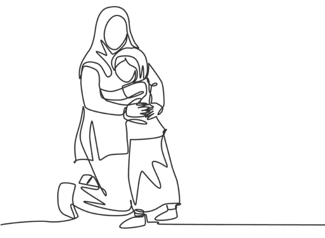 Line drawing of a mother and daughter wearing hijabs and hugging