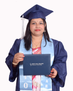 A woman in a blue graduation cap and gown