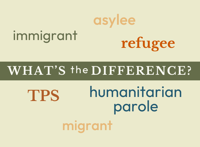 A colorful collage of words about immigration