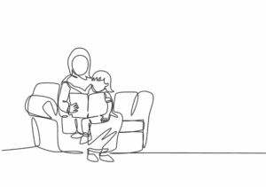 drawing of a woman in a hijab reading to a child