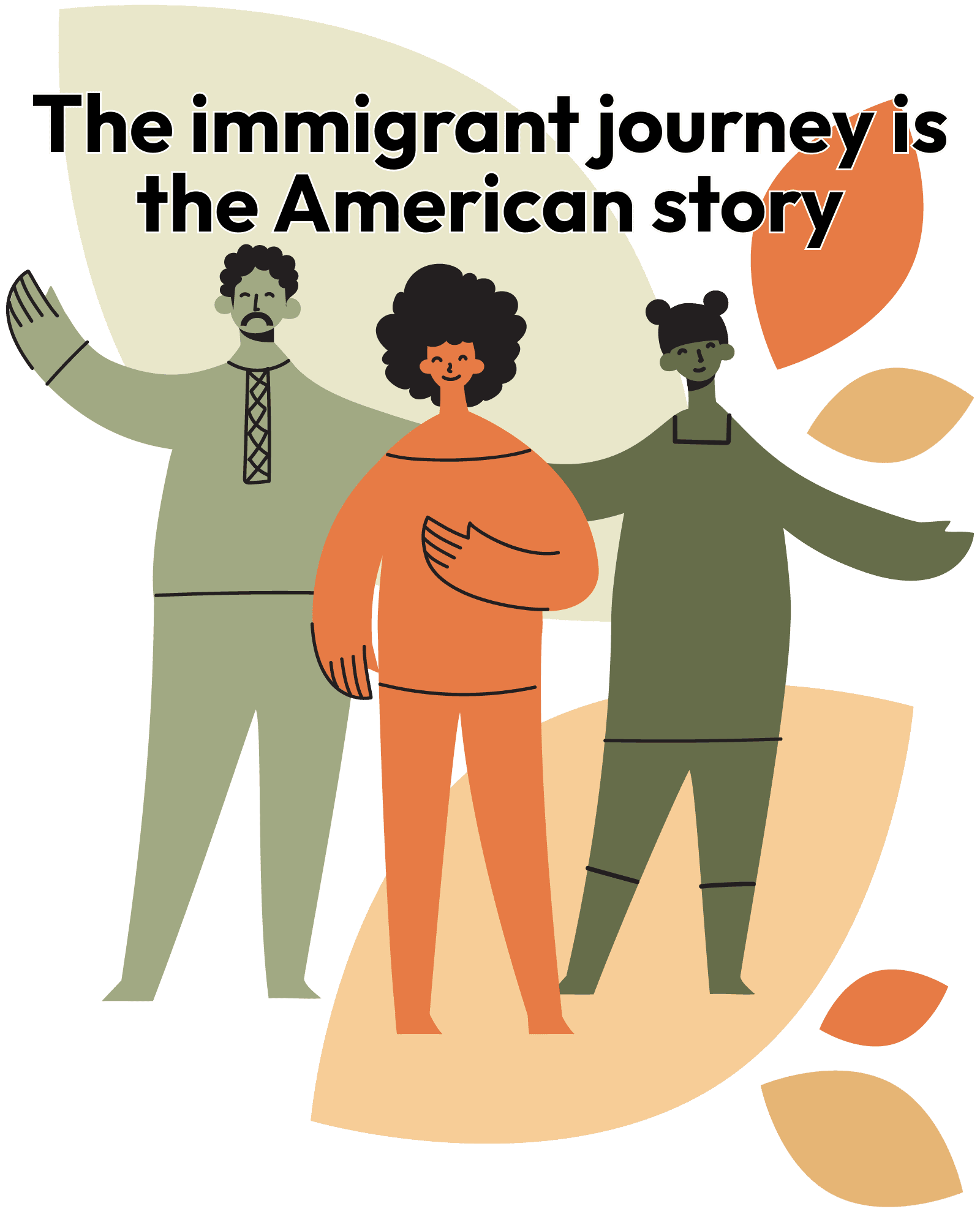 Three animated people (one medium green, one orange, and one dark green) of varying cultural and ethnic backgrounds with welcoming, open arms over a background with large and small leaves. At the top of the image, in black letters, reads The immigrant journey is the American story.