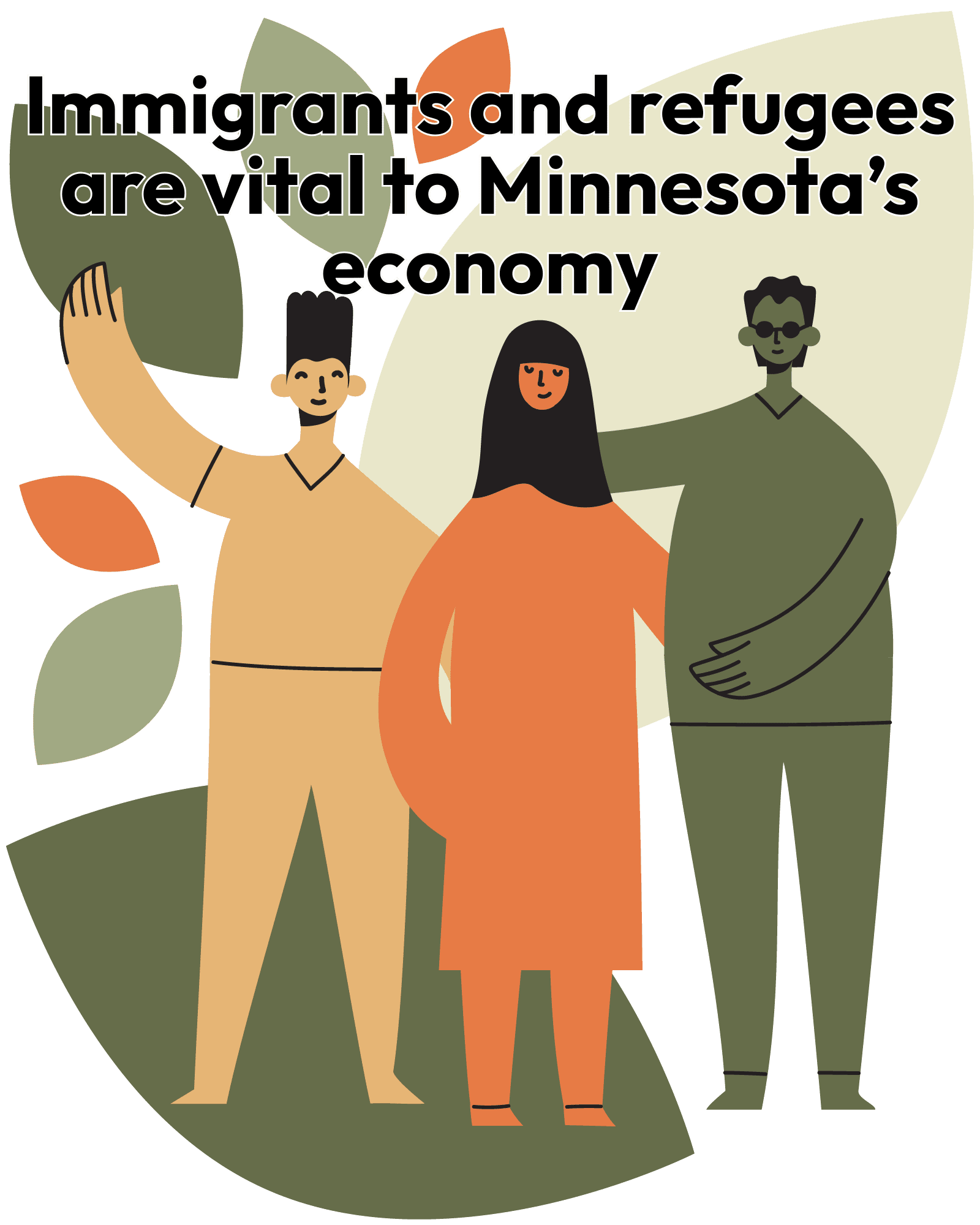 Three animated people (one medium green, one orange, and one dark green) of varying cultural and ethnic backgrounds with welcoming, open arms over a background with large and small leaves. At the top of the image, in black letters, reads Immigrants and refugees are vital to Minnesota's economy.