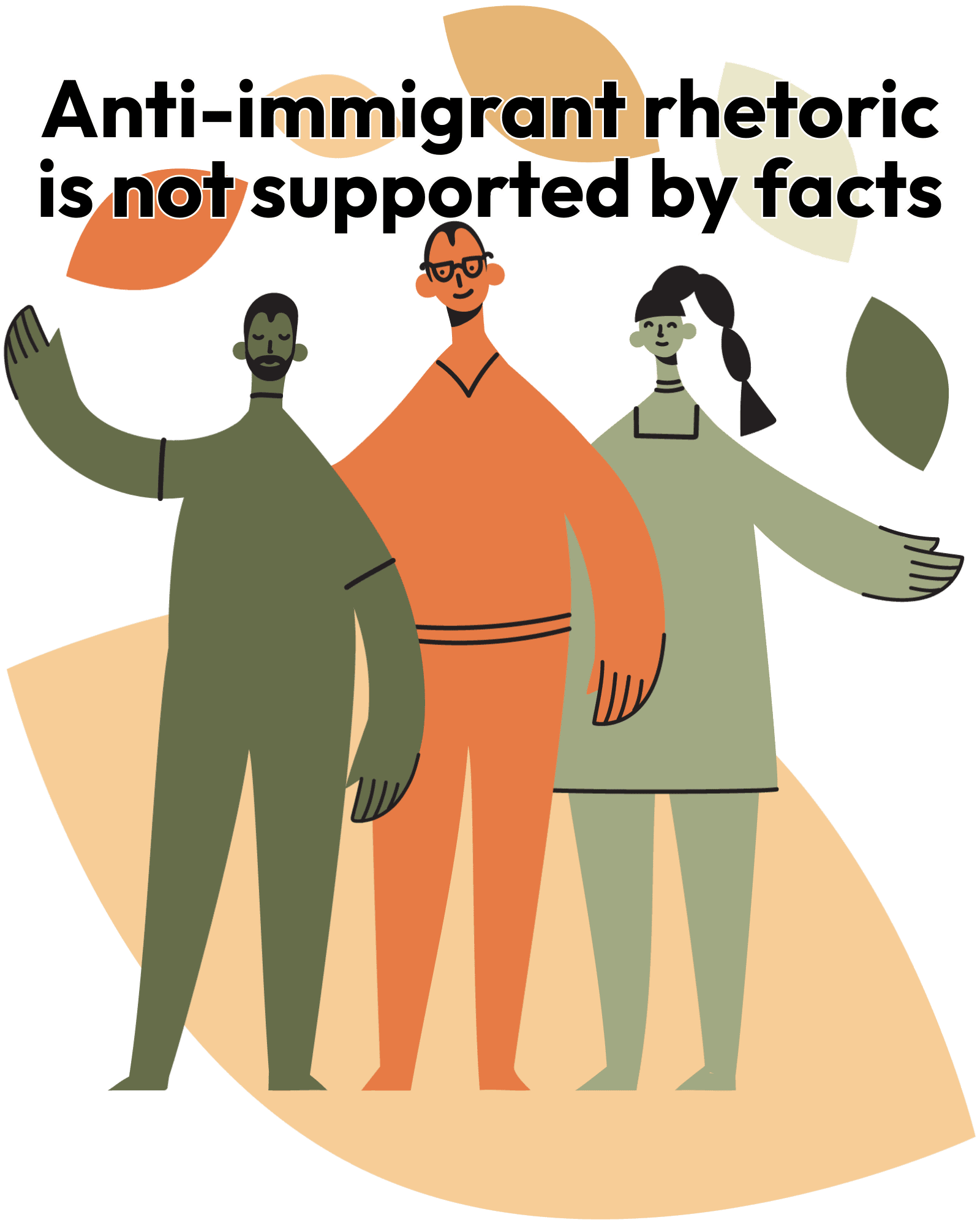 Three animated people (one medium green, one orange, and one dark green) of varying cultural and ethnic backgrounds with welcoming, open arms over a background with large and small leaves. At the top of the image, in black letters, reads Anti-immigrant rhetoric is not supported by facts.