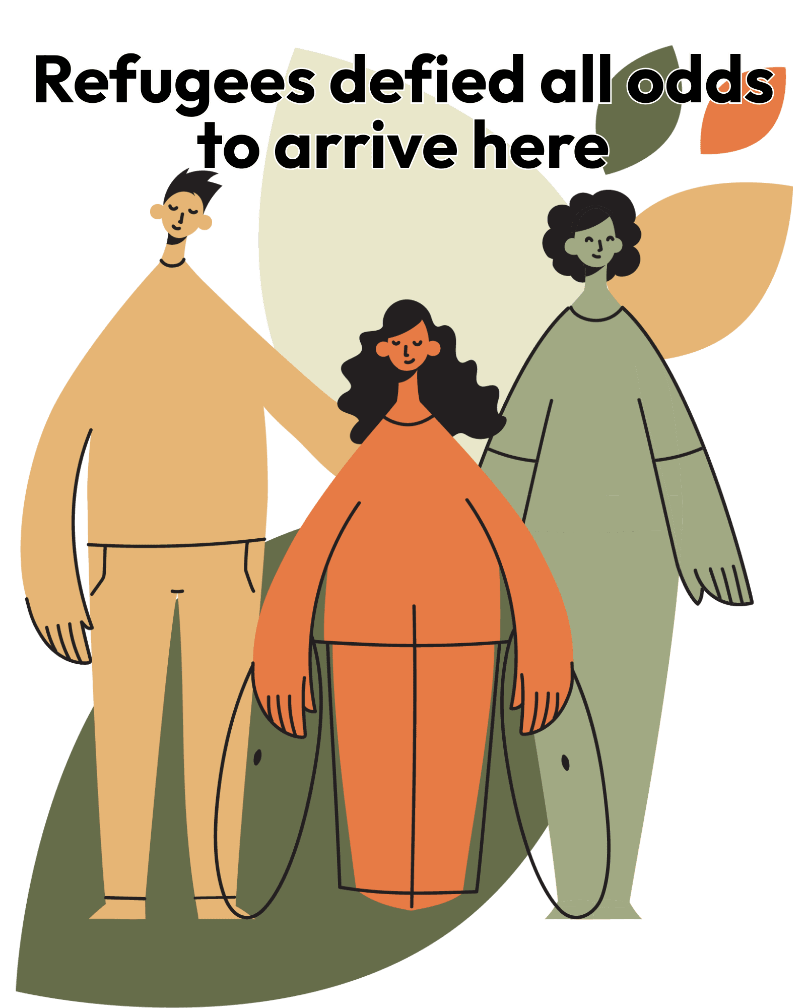 Three animated people (one medium green, one orange, and one dark green) of varying cultural and ethnic backgrounds with welcoming, open arms over a background with large and small leaves. At the top of the image, in black letters, reads Refugees defied all odds to arrive here.